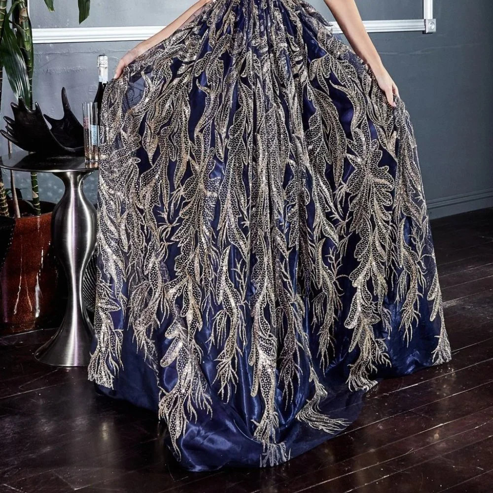 NEW LONG SLEEVELESS A-LINE EMBROIDERED GLITTER GOWN WITH AND ZIPPER BACK CD J812 - Picture 5 of 8